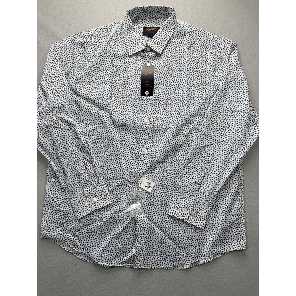 Egara Slim Fit Dress Shirt Men 17.5 34/35 White Blue Floral Stretch Button Up